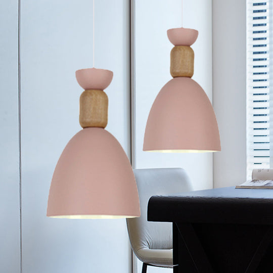 Dining Room Metal-Wood Domed Suspension Light: Macaron Hanging Light Fixture