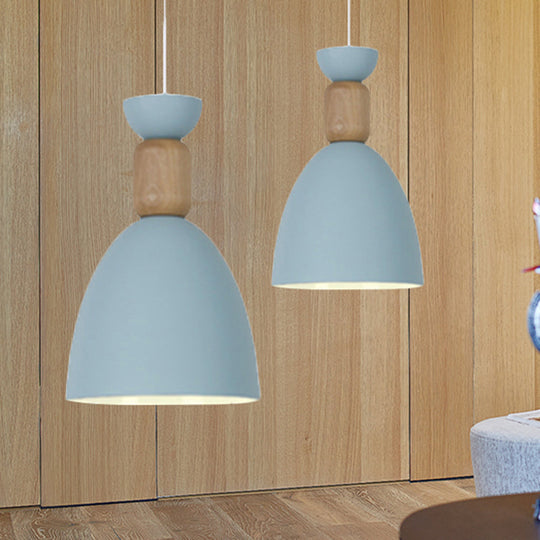 Dining Room Metal-Wood Domed Suspension Light: Macaron Hanging Light Fixture Blue