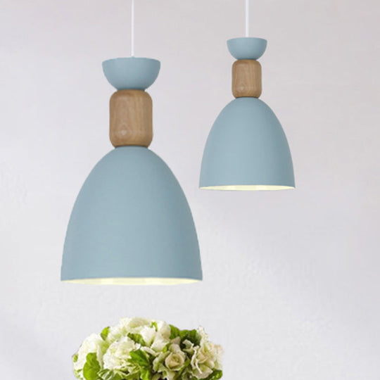 Dining Room Metal-Wood Domed Suspension Light: Macaron Hanging Light Fixture