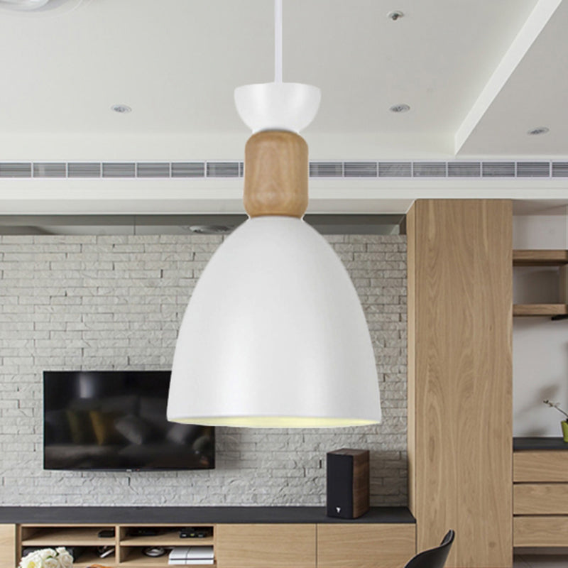 Dining Room Metal-Wood Domed Suspension Light: Macaron Hanging Light Fixture White