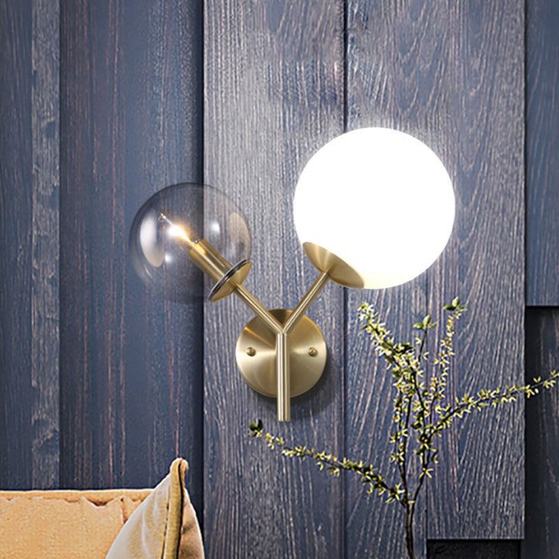 Modern Gold Globe Sconce Light Fixture - 2 Lights Wall Lamp With Smoke And White Glass Shades