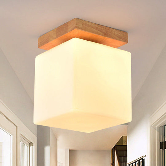 Japanese Style Wood & Glass Porch Cube Flush Ceiling Light - Stylish White Lamp