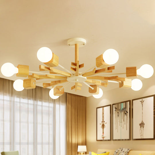 Japanese Style Beige Wood Chandelier - Snowflake Pendant Light for Bedroom