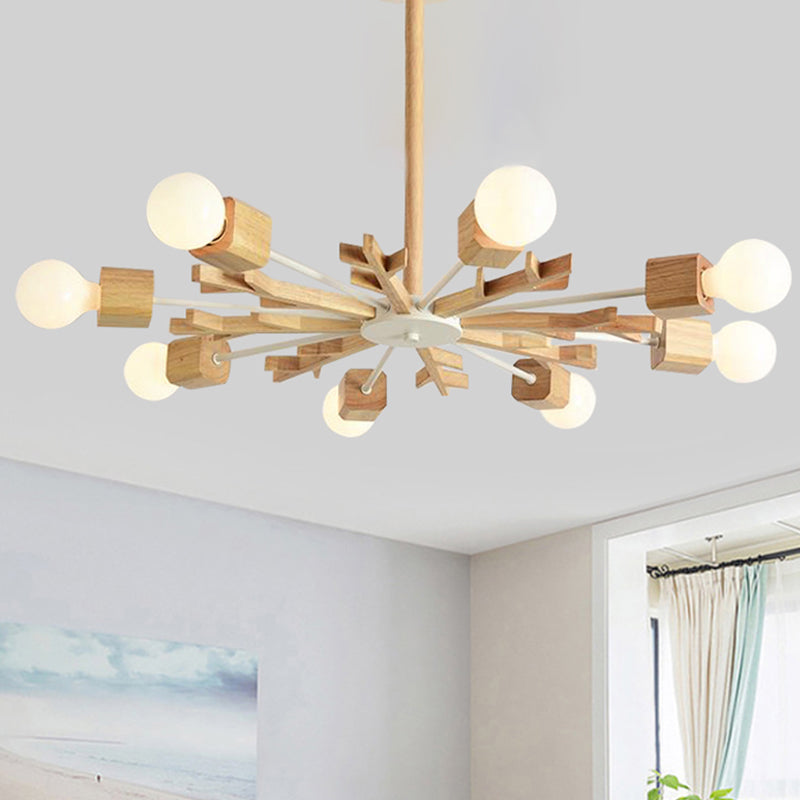 Japanese Style Beige Wood Chandelier - Snowflake Pendant Light for Bedroom