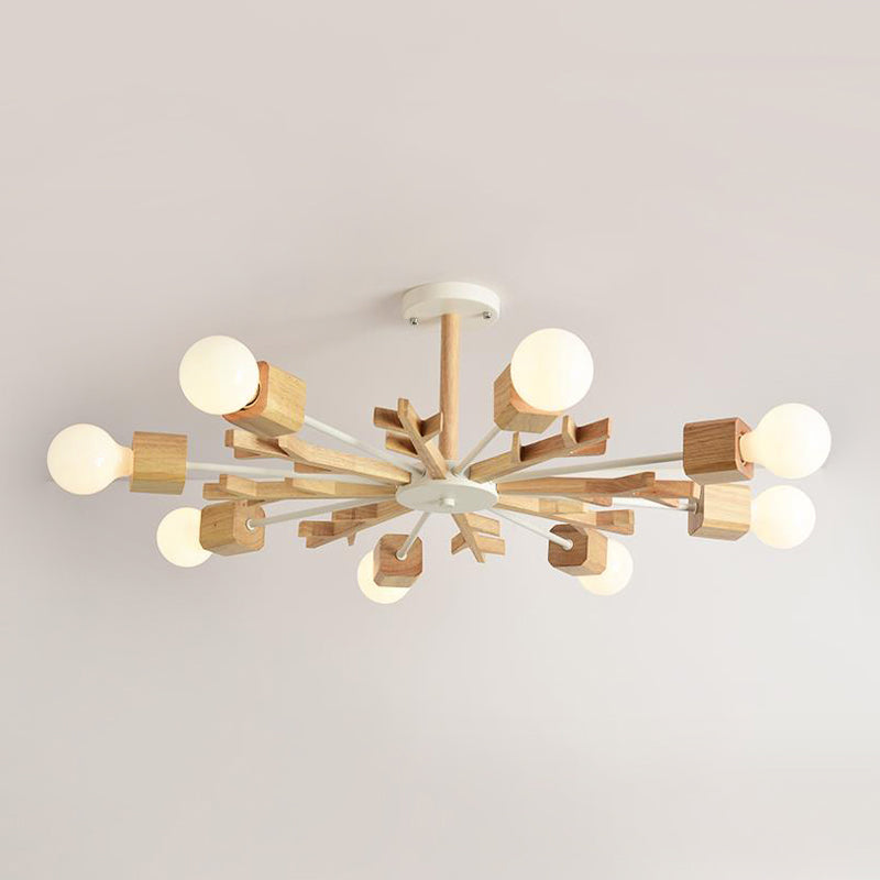 Japanese Style Beige Wood Chandelier - Snowflake Pendant Light for Bedroom