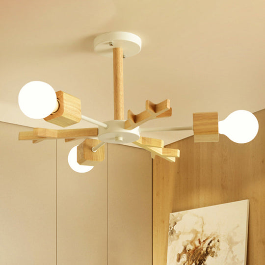 Japanese Style Beige Wood Chandelier - Snowflake Pendant Light for Bedroom