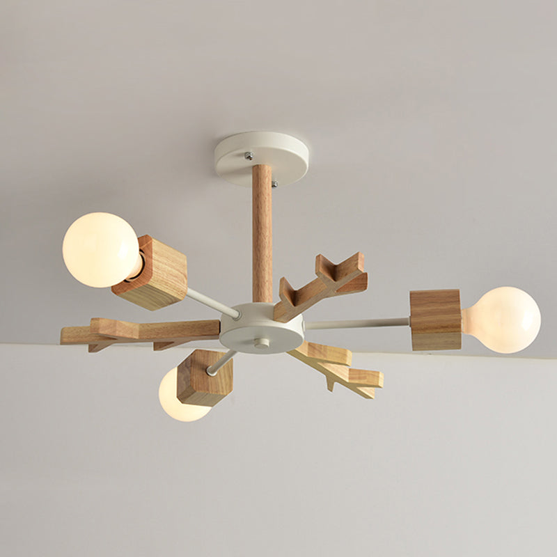 Japanese Style Beige Wood Chandelier - Snowflake Pendant Light for Bedroom