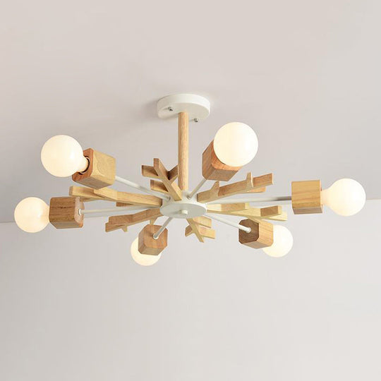 Japanese Style Beige Wood Chandelier - Snowflake Pendant Light for Bedroom