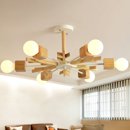 Japanese Style Beige Wood Chandelier - Snowflake Pendant Light for Bedroom