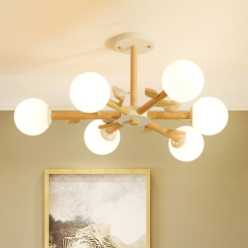 Japanese-Inspired Bedroom Chandelier with Orb Shade, Birds, Wood, and Glass in White