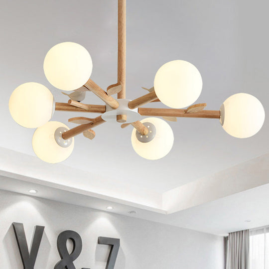 Japanese-Inspired Bedroom Chandelier with Orb Shade, Birds, Wood, and Glass in White