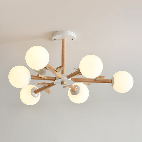 Japanese-Inspired Bedroom Chandelier with Orb Shade, Birds, Wood, and Glass in White