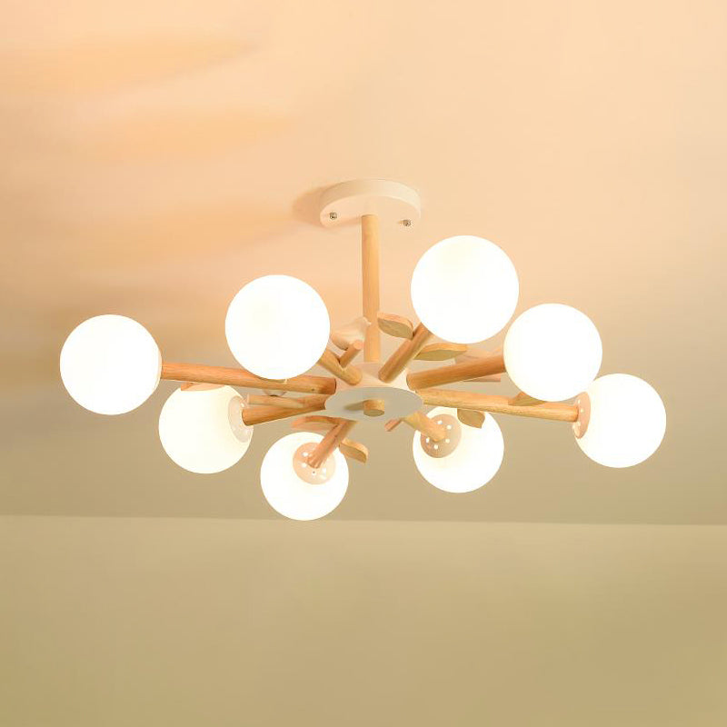 Japanese-Inspired Bedroom Chandelier with Orb Shade, Birds, Wood, and Glass in White