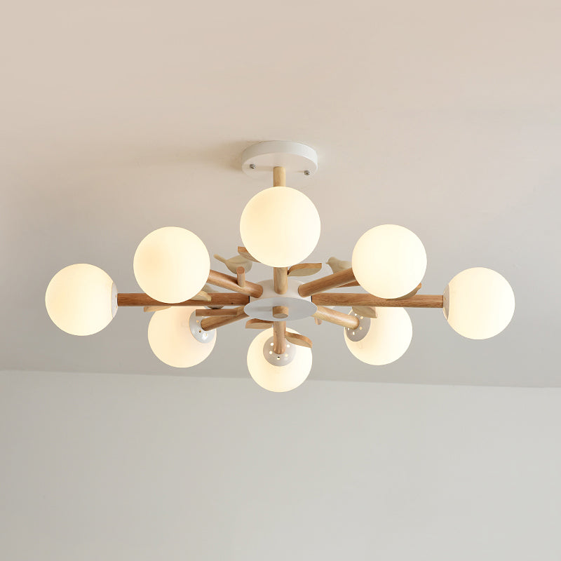 Japanese-Inspired Bedroom Chandelier with Orb Shade, Birds, Wood, and Glass in White