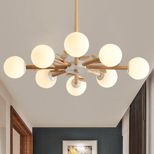 Japanese-Inspired Bedroom Chandelier with Orb Shade, Birds, Wood, and Glass in White