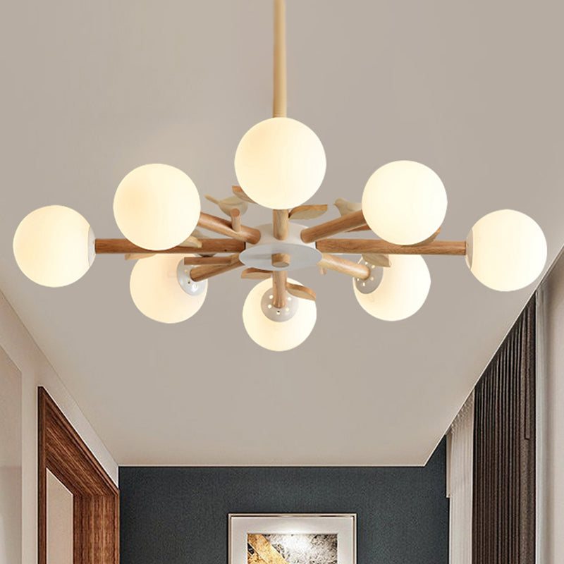 White Japanese Style Bedroom Chandelier With Bird Wood Glass Orb Shade