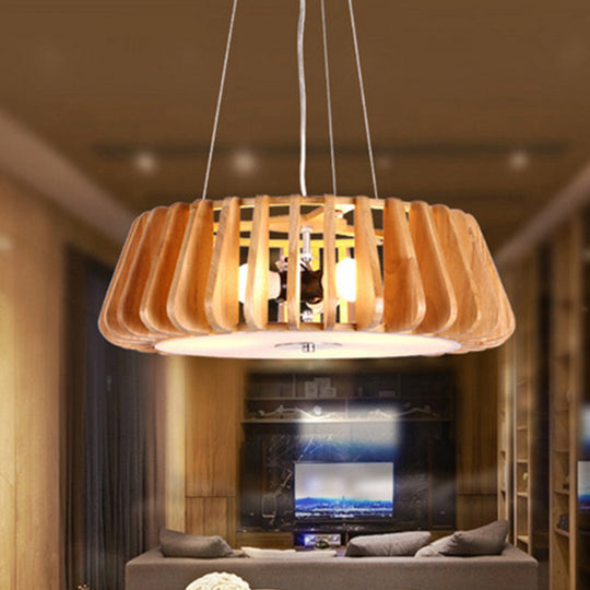 Triple Light Wooden Drum Chandelier for Modern Restaurant Decor