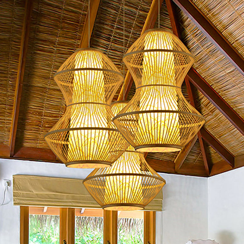 Gourd Shaped Asian Bamboo Pendant Lamp - 19.5"/23.5" Wide - Perfect for Restaurants - Wood Finish