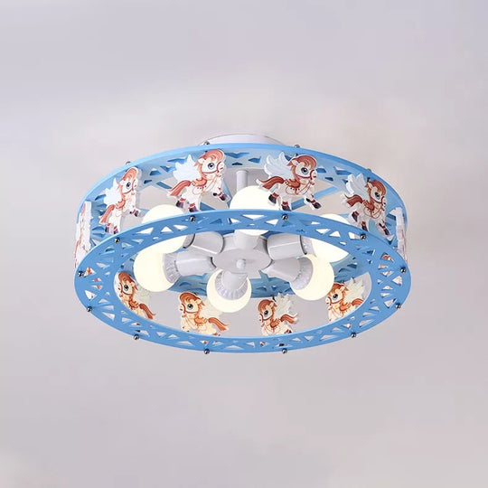 Cartoon Carousel Ceiling Lamp with 6 Metal Lights for Kids' Bedrooms