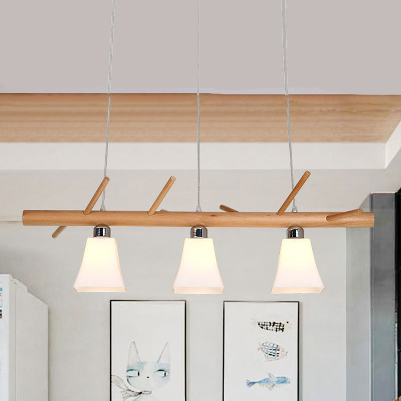 Modern Opal Glass Chandelier With 3-Light Island Lighting In Wood For Dining Room