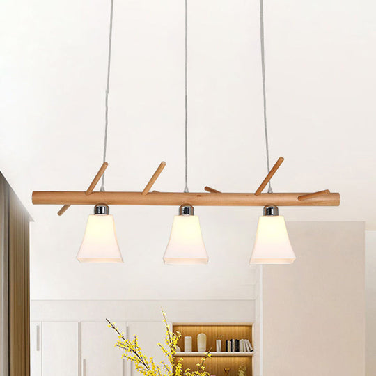 Modern Opal Glass Chandelier With 3-Light Island Lighting In Wood For Dining Room