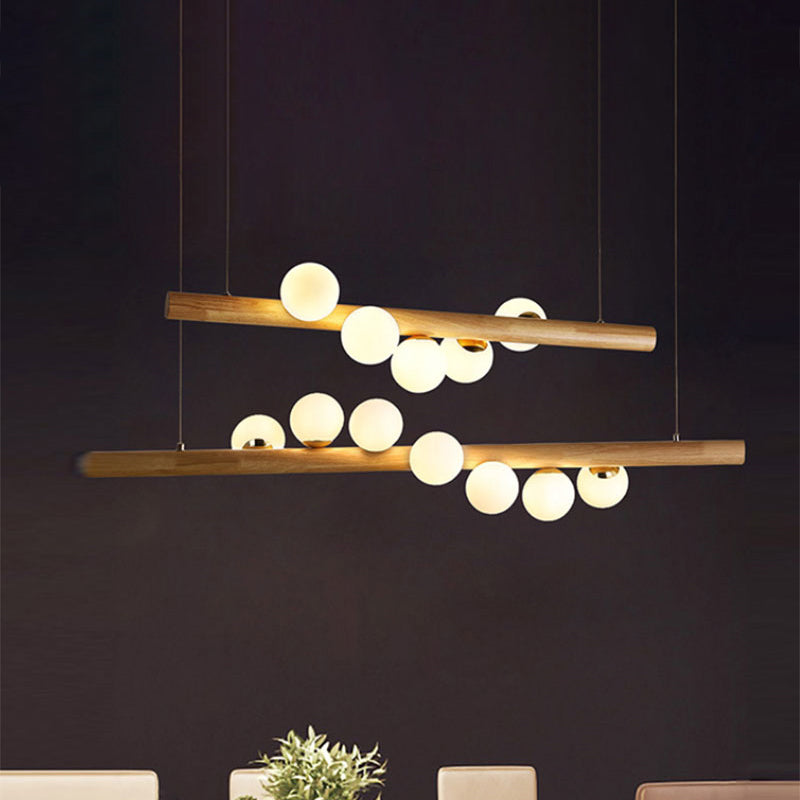 Modern Wood Island Light With Spherical Shade - Opal Glass Ceiling Lamp (5/7 Lights) For Dining Room