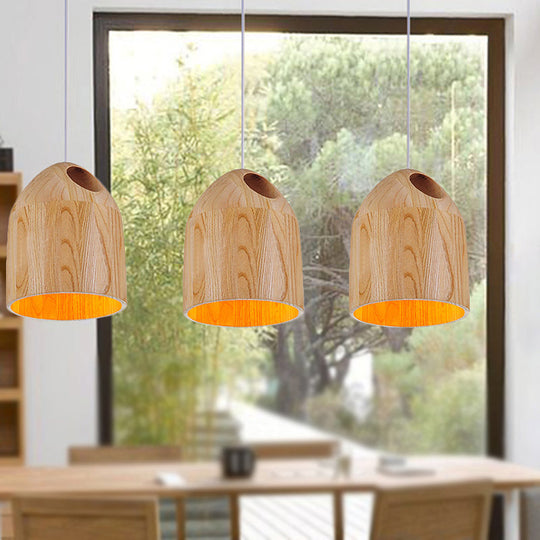 Contemporary Japanese Style Wood Bell Pendant - Beige Ceiling Light With Adjustable Cord- 1-Light