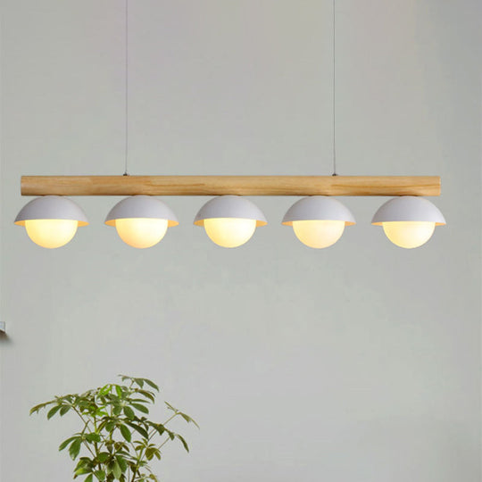 Modern Wood Stem Linear Chandelier - 5/7 Lights White Shade Billiard For Restaurants 5 /