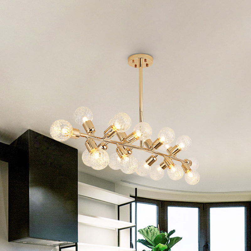 Gold Prismatic Glass Ball Linear Chandelier - Modern Metal Island Light With 18 Lights Ideal For