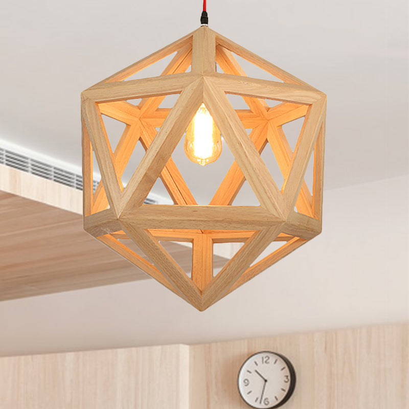 Cage Wood Pendant Light For Dining Room - 1-Head Ceiling Fixture In 15/19 Size