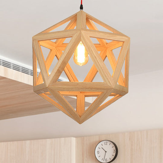 Cage Wood Pendant Light For Dining Room - 1-Head Ceiling Fixture In 15/19 Size