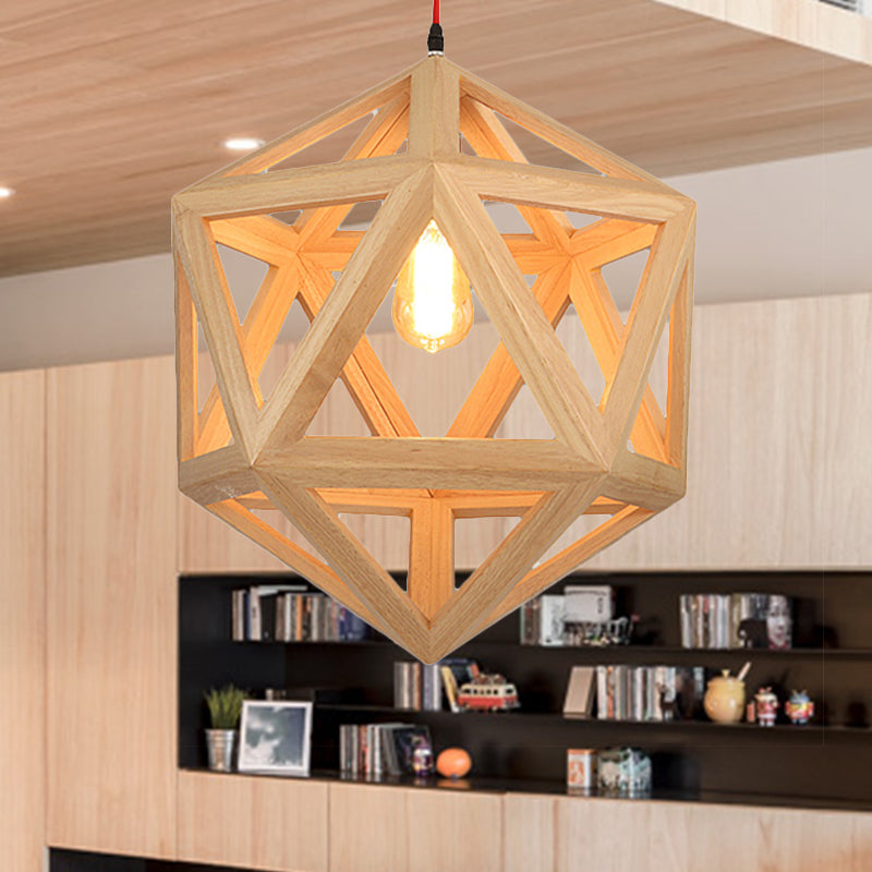 Cage Wood Pendant Light For Dining Room - 1-Head Ceiling Fixture In 15/19 Size