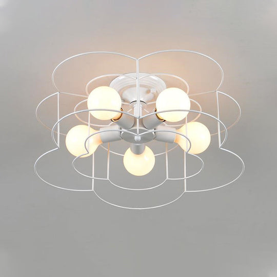 Modern Wire Caged Bloom-Shaped Ceiling Light - 5-Light Semi-Flush Mount in White for Bedroom