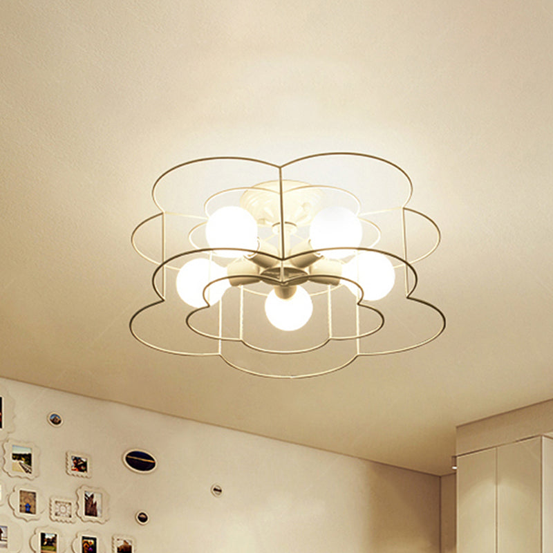 Modern Wire Caged Bloom-Shaped Ceiling Light - 5-Light Semi-Flush Mount in White for Bedroom