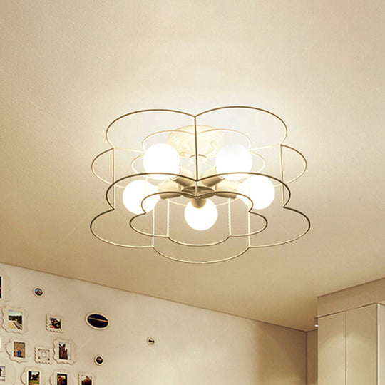 Modern Wire Caged Bloom-Shaped Ceiling Light - 5-Light Semi-Flush Mount in White for Bedroom