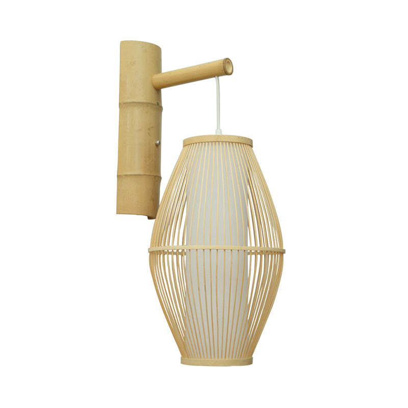 Oriental Oval Wall Light Sconce With Bamboo Lantern Design - 1-Light Beige Lamp