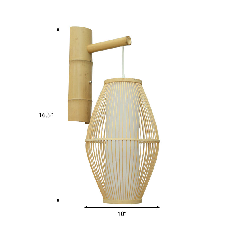 Oriental Oval Wall Light Sconce With Bamboo Lantern Design - 1-Light Beige Lamp