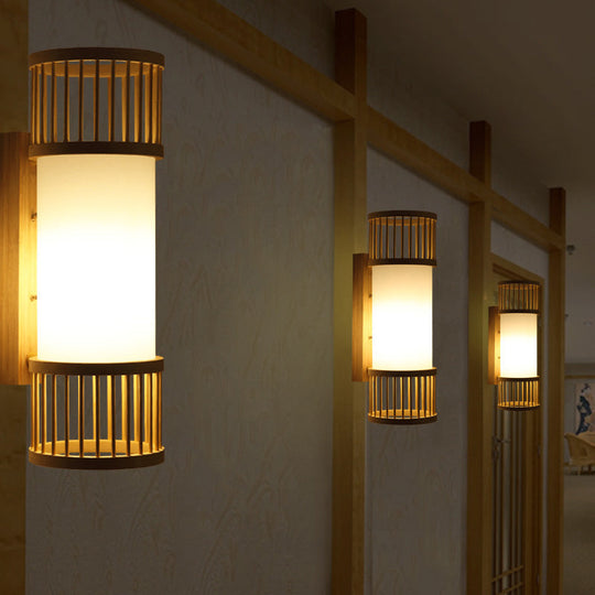 Asian Bamboo Cylinder Shade Wall Sconce Light In Beige - Stylish 1-Head Lamp For Stairway