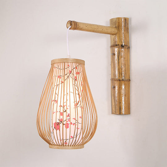 Bamboo Teardrop Sconce: Asian-Inspired Indoor Beige Wall Lamp With Inner Cylindrical Shade