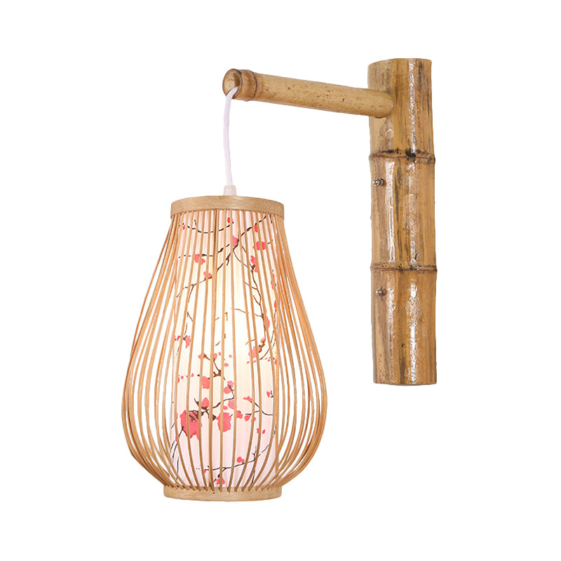 Bamboo Teardrop Sconce: Asian-Inspired Indoor Beige Wall Lamp With Inner Cylindrical Shade