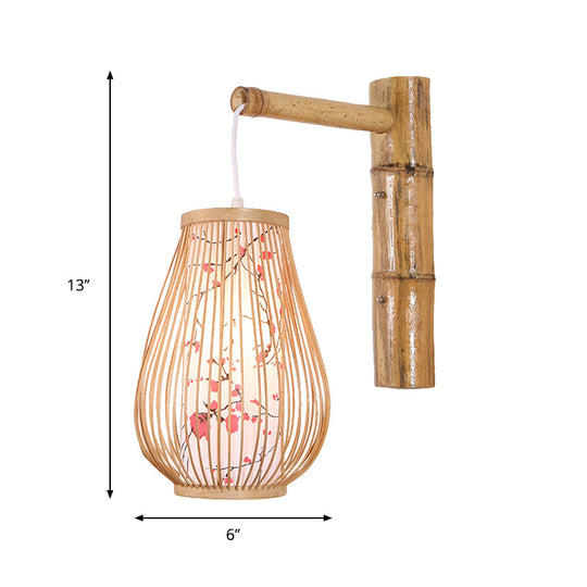 Bamboo Teardrop Sconce: Asian-Inspired Indoor Beige Wall Lamp With Inner Cylindrical Shade