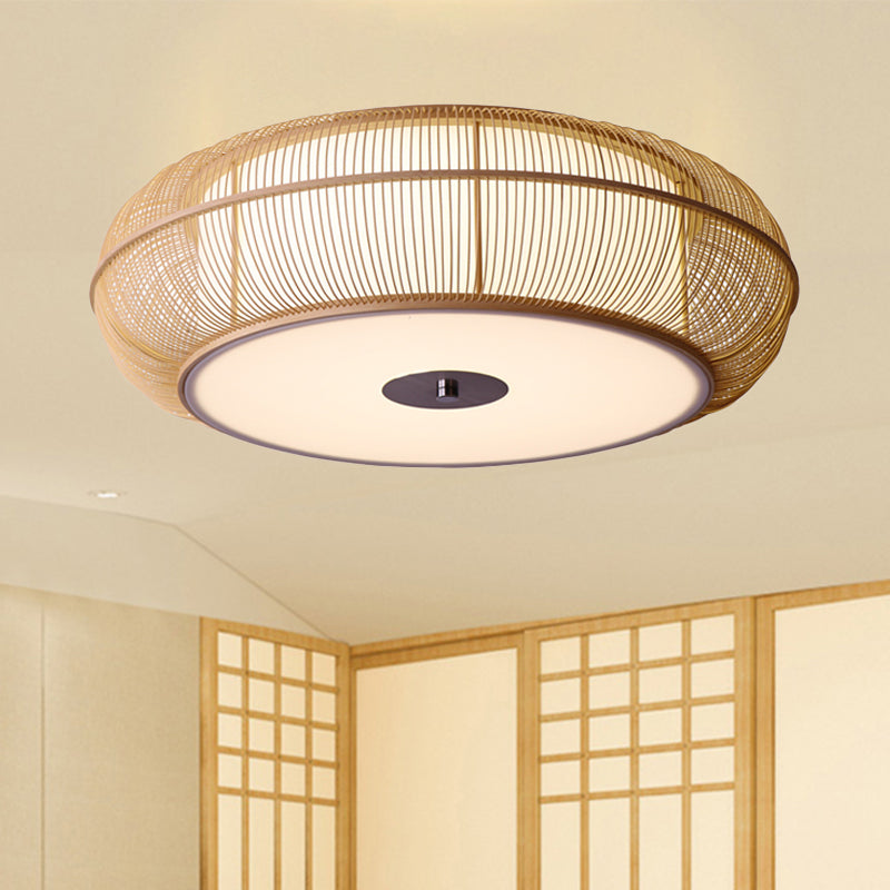 Asian Style Round Bamboo Shade Ceiling Light - 3/4 Lights - Black/Wood Fixture for Bedroom - 18"/22" Dia