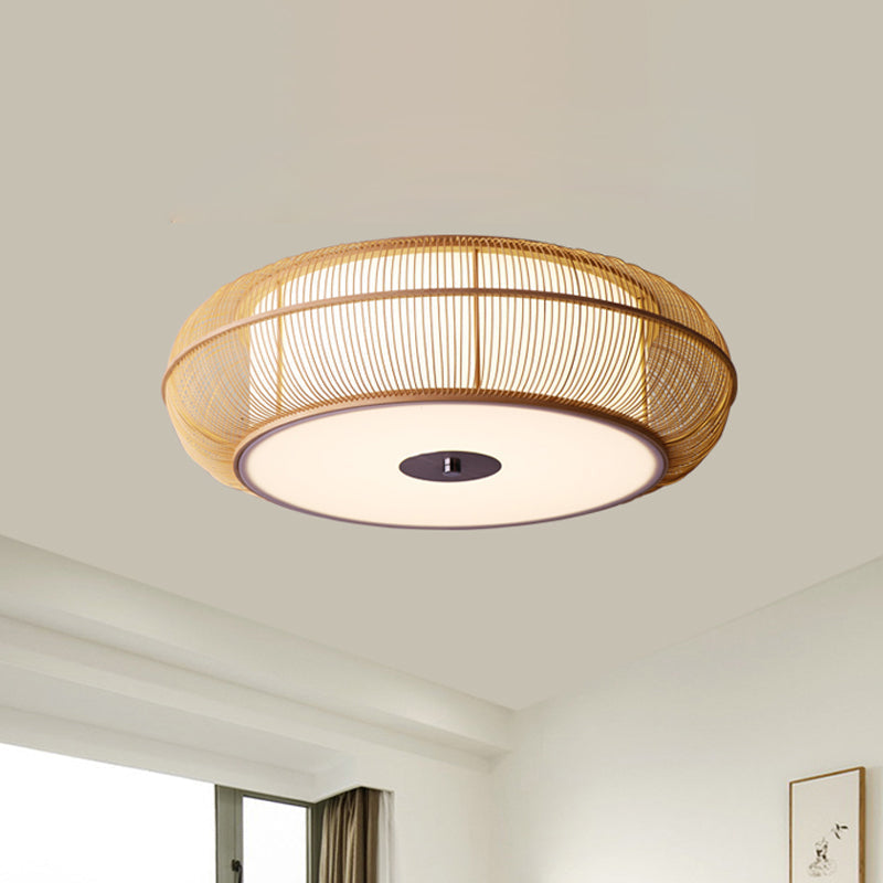 Asian Style Round Bamboo Shade Ceiling Light - 3/4 Lights Black/Wood Fixture For Bedroom 18/22 Dia