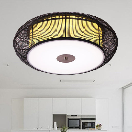 Asian Style Round Bamboo Shade Ceiling Light - 3/4 Lights Black/Wood Fixture For Bedroom 18/22 Dia