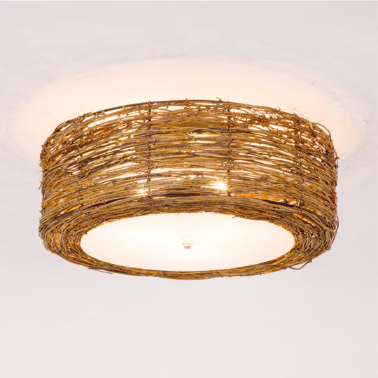 Modern 3-Light Rattan Flush Mount Ceiling Lamp - Hand-Woven Round Shade in Brown, 16"/19.5" Width