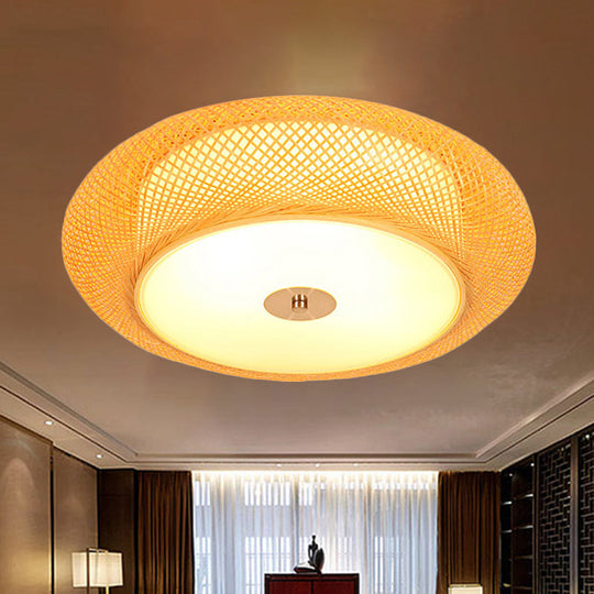 Yellow Bamboo Led Ceiling Light With Asian Drum Style - 16/19.5 Width For Living Room Flushmounts /