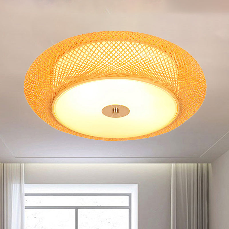 Yellow Bamboo LED Ceiling Light with Asian Drum Style - 16"/19.5" Width for Living Room Flushmounts