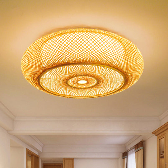 Handcrafted Bamboo Flush Mount Ceiling Light - 3-Light Beige Round Shade Fixture 16/19.5 Width / 16