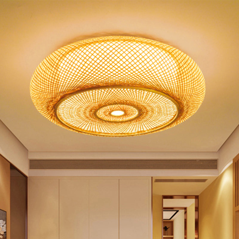 Handcrafted Bamboo Flush Mount Ceiling Light - 3-Light Beige Round Shade Fixture, 16"/19.5" Width