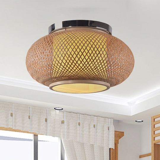 Yellow Lantern Shade Flush Light - Contemporary Style 16/19.5 Dia 1-Head Bamboo Ceiling Mounted For